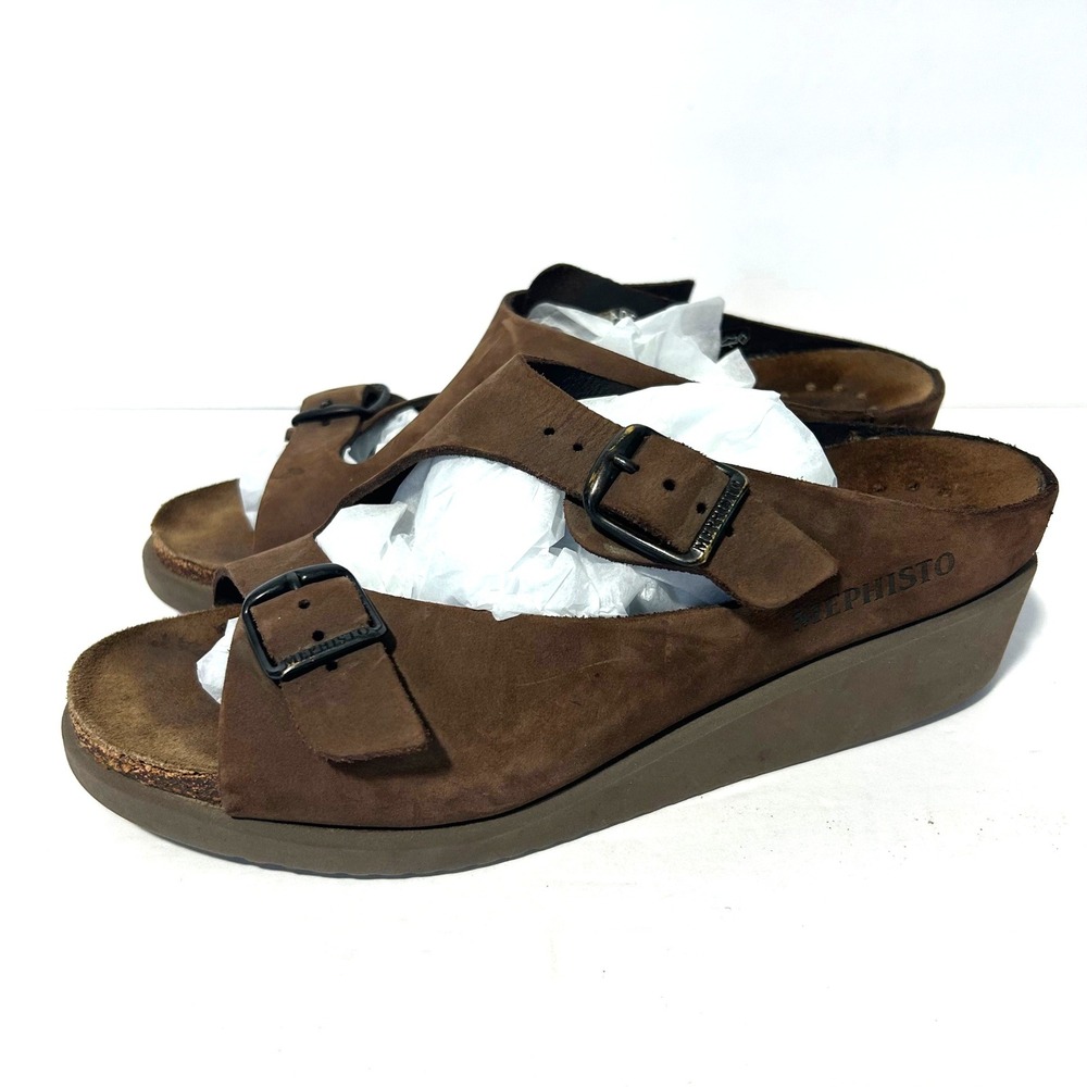 Mephisto Terie Wedge Sandals Women 7 37 Brown Suede Z-Strap Buckle Slide Comfort